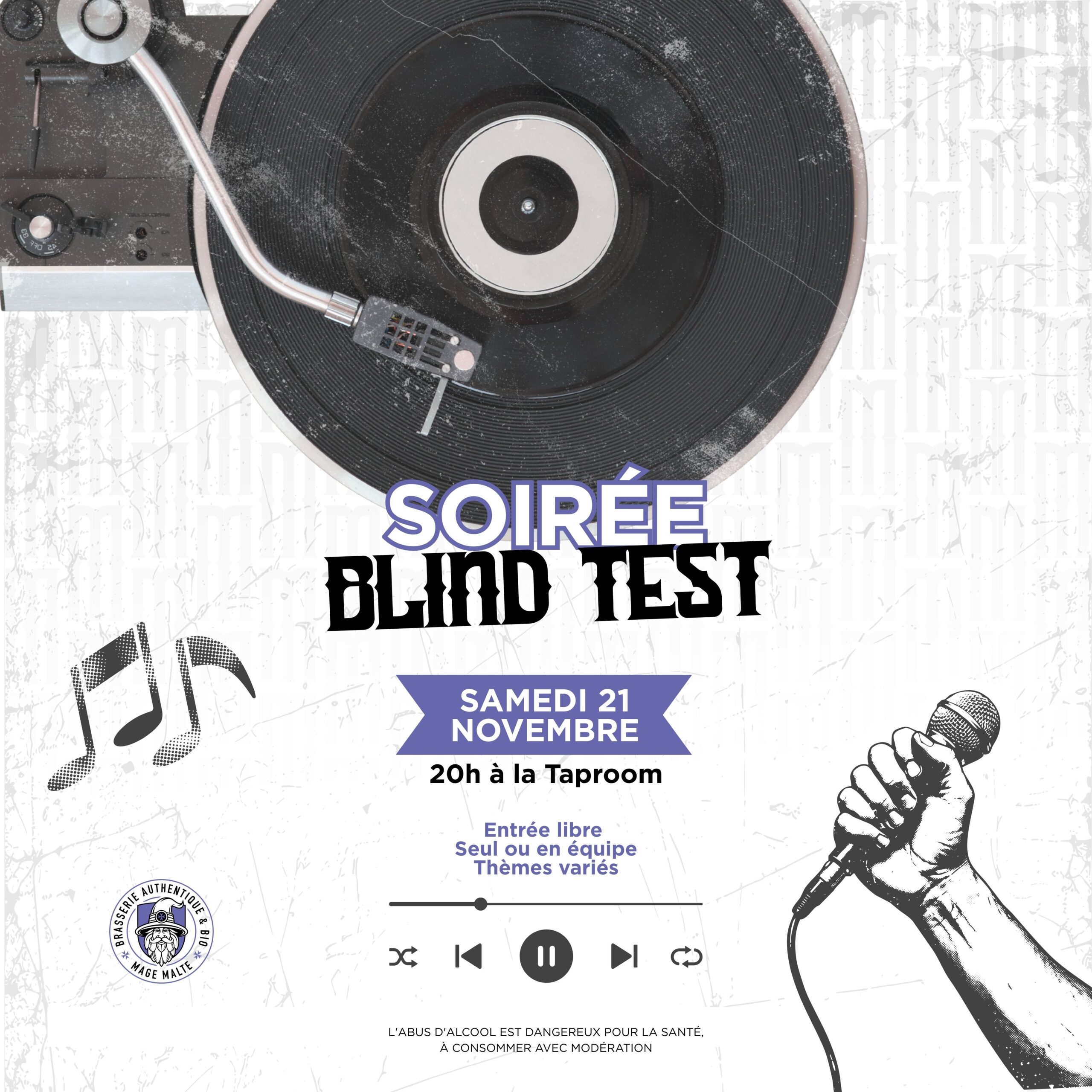 Affiche annonçant la soirée Blind Test du samedi 21 novembre à la Taproom Mage Malte